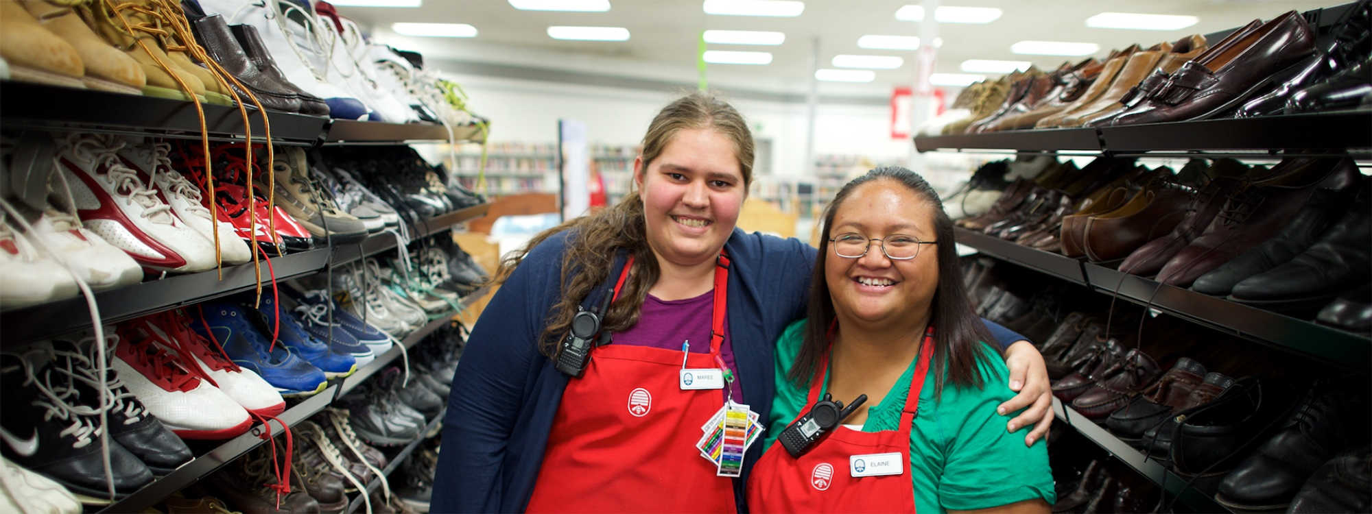 Two friends who work together at Deseret Industries.