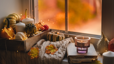 image of a fall setup with pumpkins, fall leaves and a candle